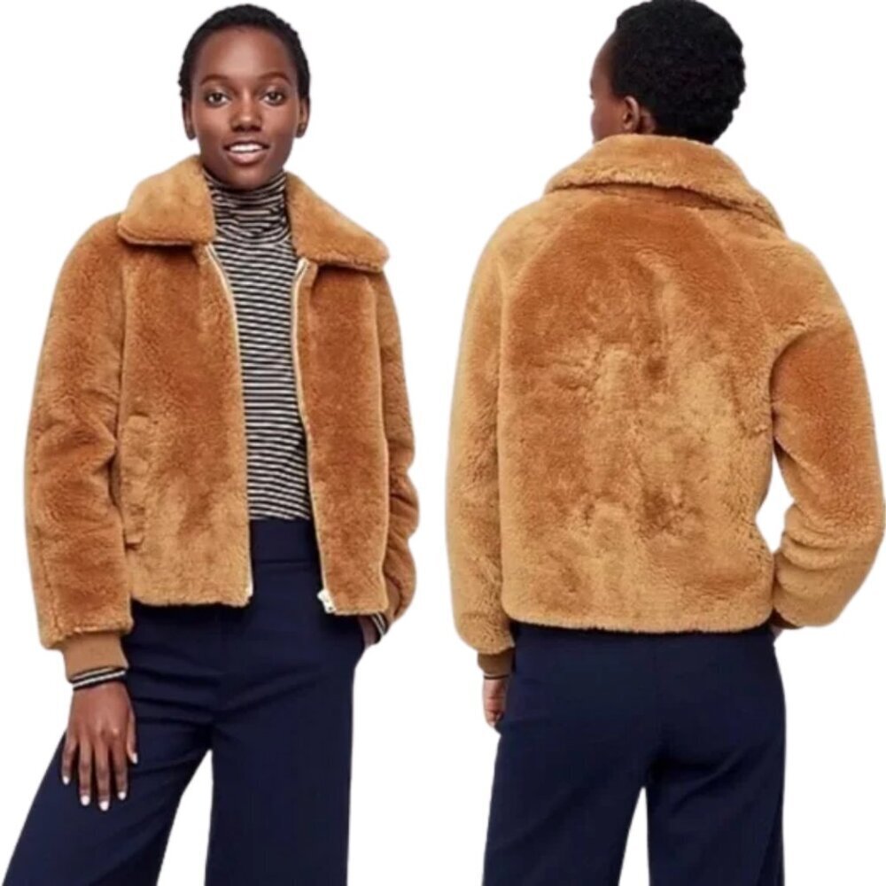 J. Crew Faux Shearling Teddy Bomber Jacket Tan Camel Cozy Luxe Crop Plus Size 2X